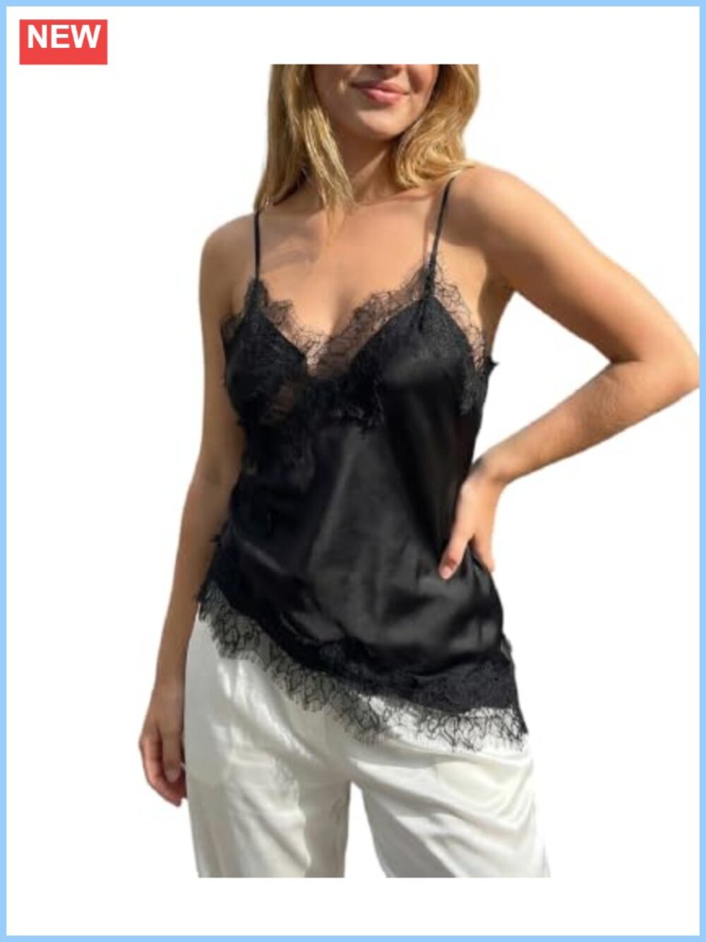 Satin Lace Trim Camisole Tank Top Spaghetti Strap Women